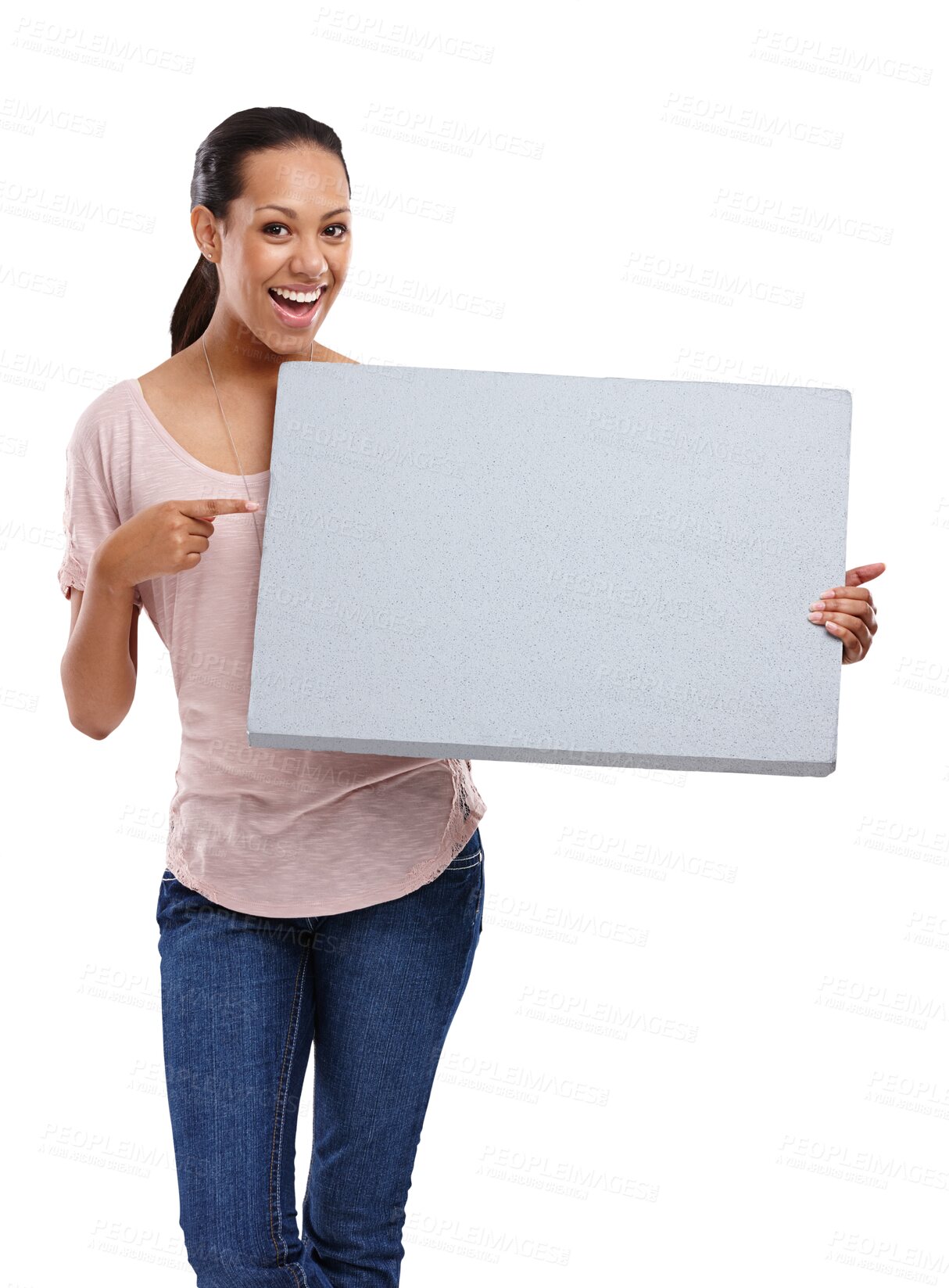 Buy stock photo Portrait, poster and a woman pointing to mockup isolated on a transparent background for marketing or advertising. Billboard, branding logo and presentation with an attractive female person on PNG