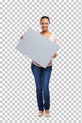 Buy stock photo Portrait, poster and advertising mockup with a woman isolated on a transparent background for marketing or advertising. Billboard, branding logo and about us with an attractive female person on PNG