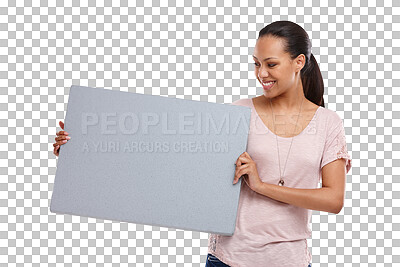 Buy stock photo Advertising, board or woman with sign, billboard or poster isolated on transparent png background. Marketing, branding mockup or happy Brazilian girl model with an announcement, news or logo banner 