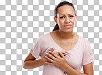 Woman, breast and cancer holding chest in pain, discomfort or ache on an isolated and transparent png background. Portrait of young female touching painful, sore or hurt injury with sad look on face