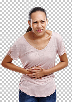 Woman with stomach pain, injury or sick feeling from indigestion, constipation or discomfort from menstrual cramps on an isolated and transparent png background. Uncomfortable model with a tummy ache