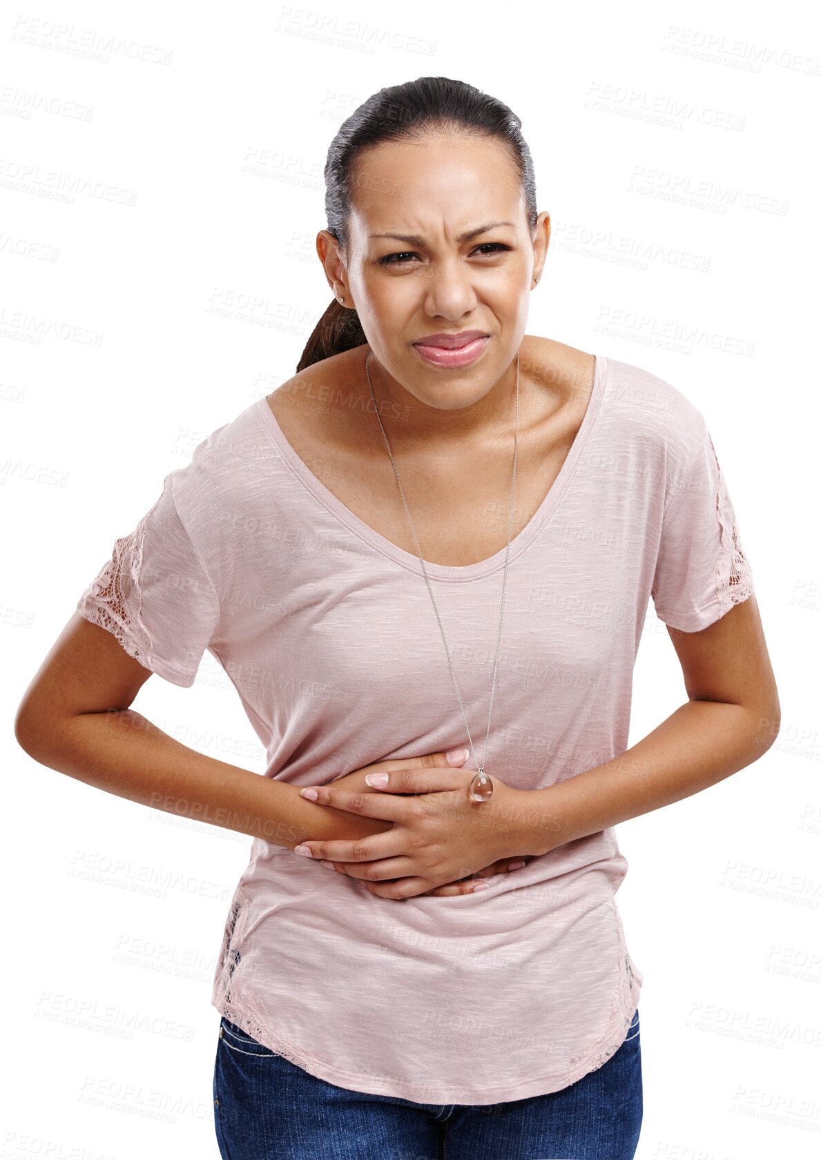 Buy stock photo Isolated woman, sick and stomach pain with problem for health, constipation or colon by transparent png background. Girl, model and hands on abdomen for hurt in bowel, diarrhea or menstruation cramps