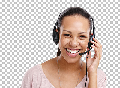 Buy stock photo Call center, portrait or happy woman with headset for CRM isolated on transparent png background. Contact us, face of consultant or friendly virtual assistant sales person with mic or smile to help