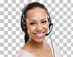 Woman, portrait and call center consultant with headset for CRM and customer service on an isolated and transparent png background. Contact us, telemarketing and support, smile and care of agent