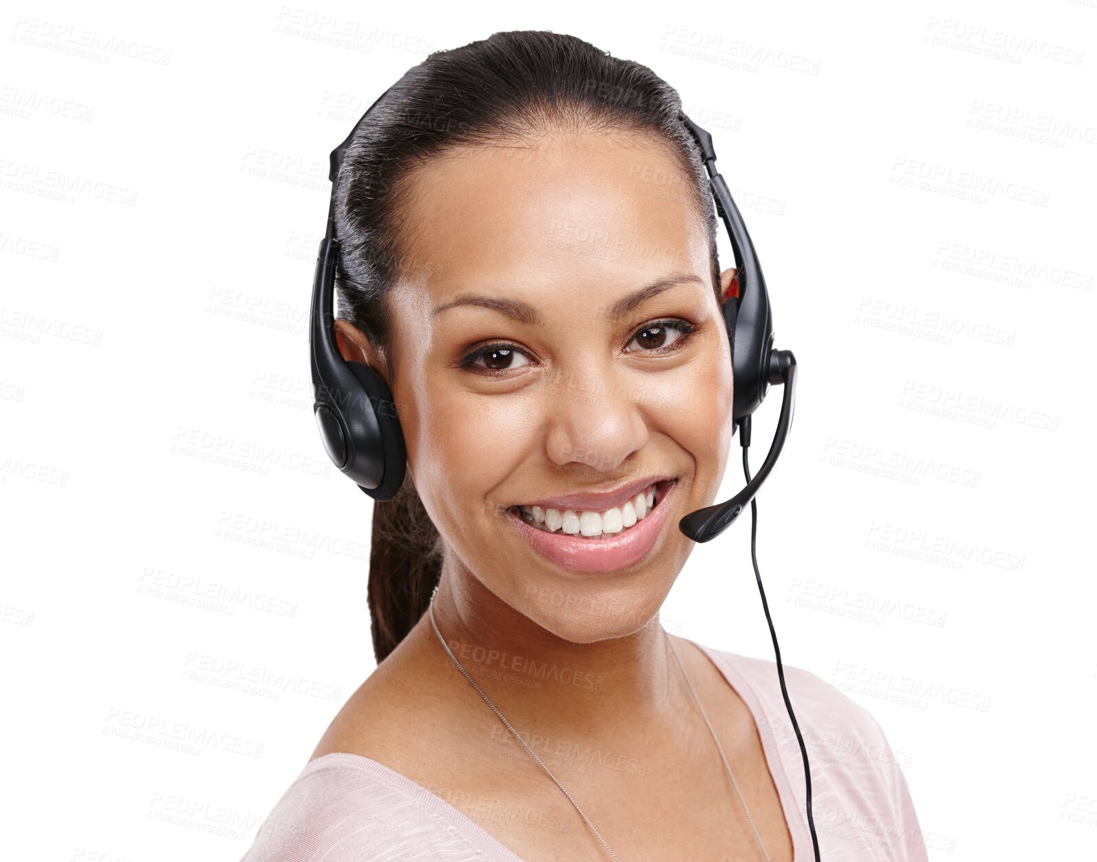 Buy stock photo Call center, portrait or happy woman in headphones for CRM isolated on transparent png background. Contact us, face of consultant or friendly virtual assistant sales person with mic or smile to help