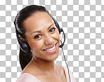 Woman, portrait and call center agent with headset for CRM and customer service on an isolated and transparent png background. Contact us, telemarketing and support, smile and care of consultant