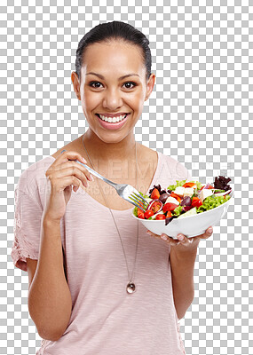 Diet, eating and portrait of woman with salad for health, wellness and lose weight or nutrition lifestyle. Smile of happy girl with healthy food for lunch on an isolated or transparent png background