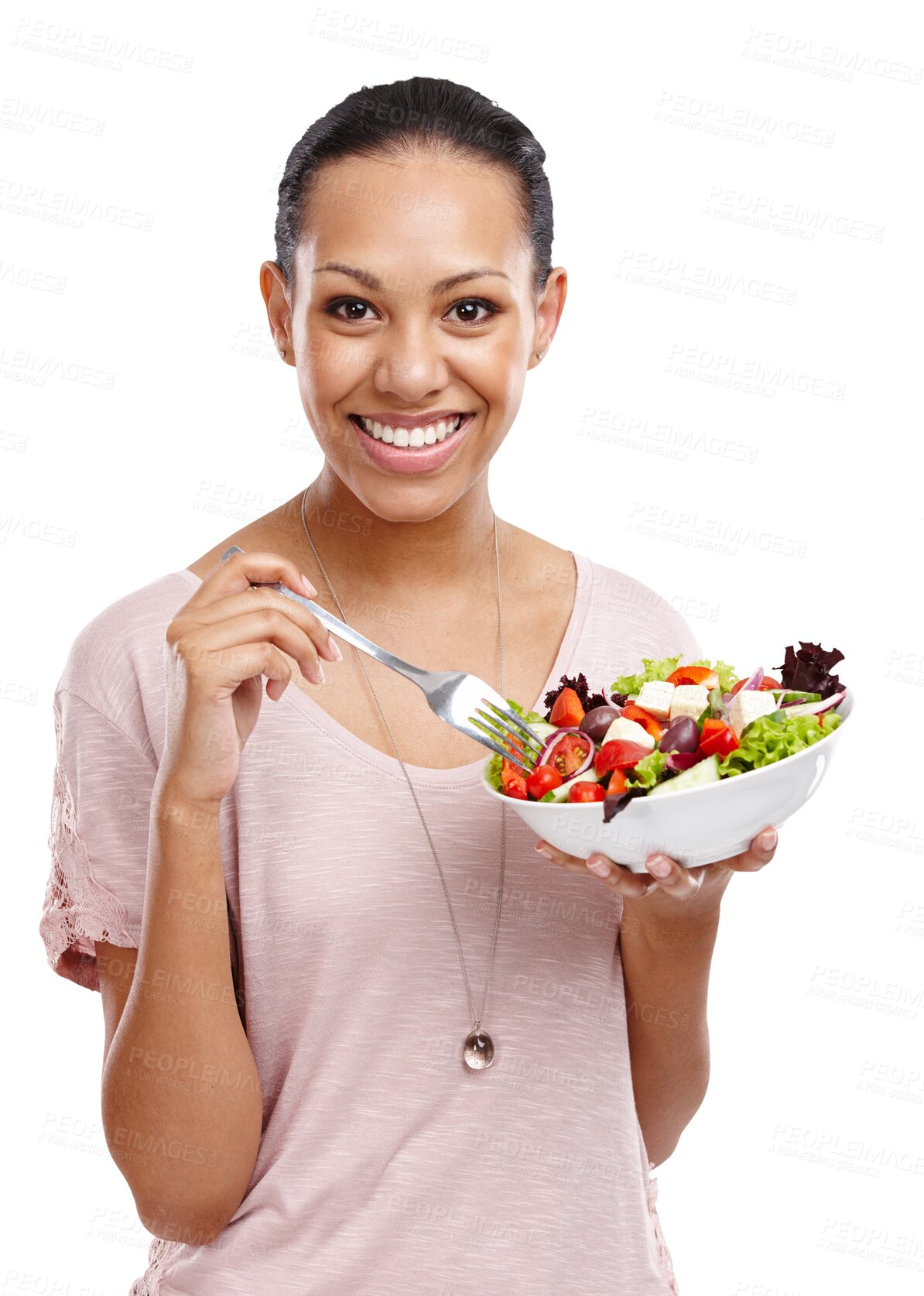 Buy stock photo Woman portrait, eating and salad isolated on transparent, png background for healthy green lunch, diet or nutritionist breakfast. Happy vegan person or model with fruits, food and lettuce for detox