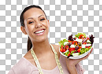 Lose weight, measuring tape and portrait of girl with salad for health, wellness and diet nutrition lifestyle. Smile of happy woman with healthy food on an isolated and transparent png background