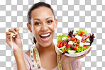 Lose weight, measuring tape and portrait of girl with salad for health, wellness and diet nutrition lifestyle. Smile of happy woman with healthy food on an isolated and transparent png background