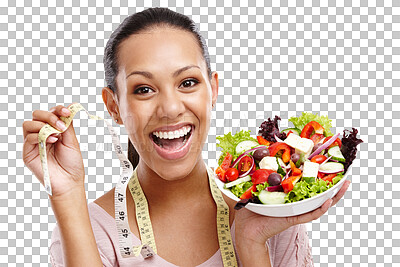 Buy stock photo Salad, lose weight and woman portrait isolated on transparent, png background of healthy food, green lunch or detox. Happy person or model wow for eating fruits, vegetables or lettuce in natural diet