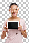 Screen, portrait and woman with tablet mockup on an isolated, transparent png background. Marketing, branding and happy female hold touchscreen technology for product placement or advertising space