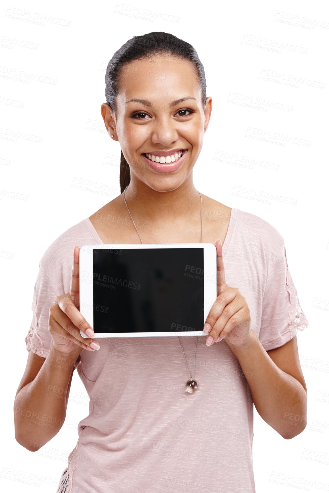 Buy stock photo Tablet, mockup screen and woman portrait isolated on transparent, png background for website design or advertising. Happy biracial person or online user with digital technology, app and mock up space