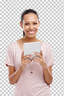 Woman, tablet and smile for social media, research or streaming on an isolated and transparent png background. Portrait of a young female holding wireless touchscreen for online entertainment