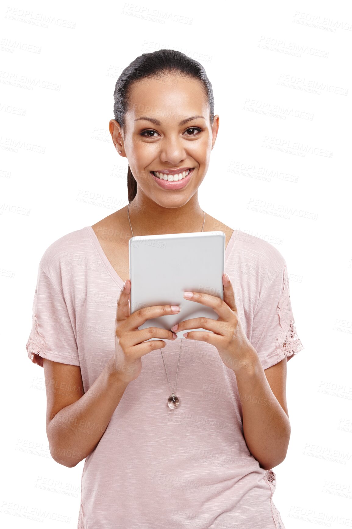 Buy stock photo Woman, tablet and portrait for social media, research or streaming on an isolated and transparent png background. Smile, typing and a young lady with technology for communication and online chat