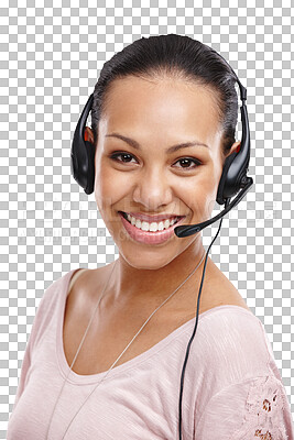 Woman, portrait and call center consultant with headset for CRM and customer service on an isolated and transparent png background. Contact us, telemarketing and support, smile and care of agent