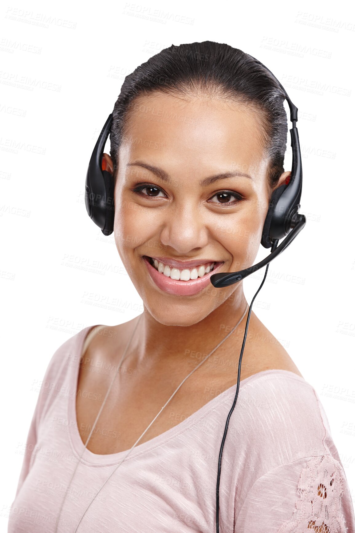 Buy stock photo Call center, portrait or friendly woman with headset for CRM isolated on transparent png background. Contact us, face of consultant or happy virtual assistant sales person with mic or smile to help