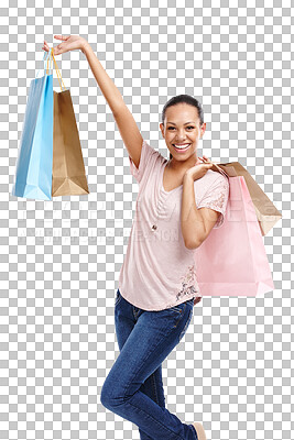 Portrait, shopping bags and woman with fashion on an isolated and transparent png background. Discount celebration, sales deal and happy girl customer pleased after buying at mall
