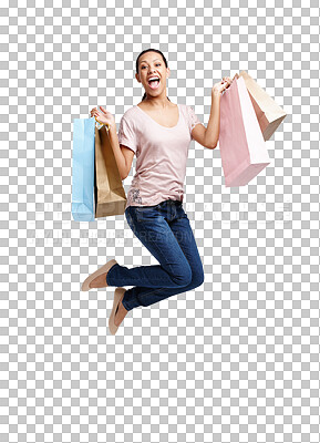 Buy stock photo Portrait, shopping bags or happy woman jumping for fashion isolated on transparent png background. Discount celebration, sales deals or excited girl customer with designer clothes, gifts or products