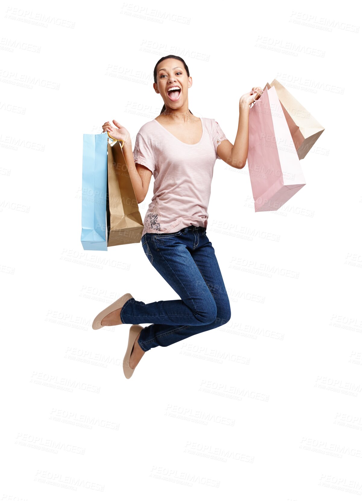 Buy stock photo Portrait, shopping bags or happy woman jumping for fashion isolated on transparent png background. Discount celebration, sales deals or excited girl customer with designer clothes, gifts or products