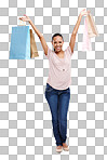 Portrait, shopping bags and woman with fashion on an isolated and transparent png background. Discount celebration, sales deal and happy girl customer pleased after buying at mall