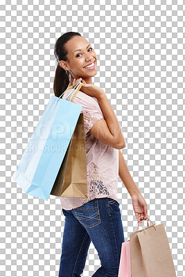 Buy stock photo Portrait, shopping bags or happy girl with fashion isolated on transparent png background. Discount celebration, sales deals or excited female customer with designer clothes, gifts or luxury products