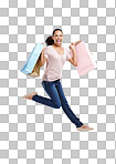 Portrait, shopping bags and woman jump for joy and fashion on an isolated and transparent png background. Discount celebration, sales deal and happy, excited customer jumping after buying at mall