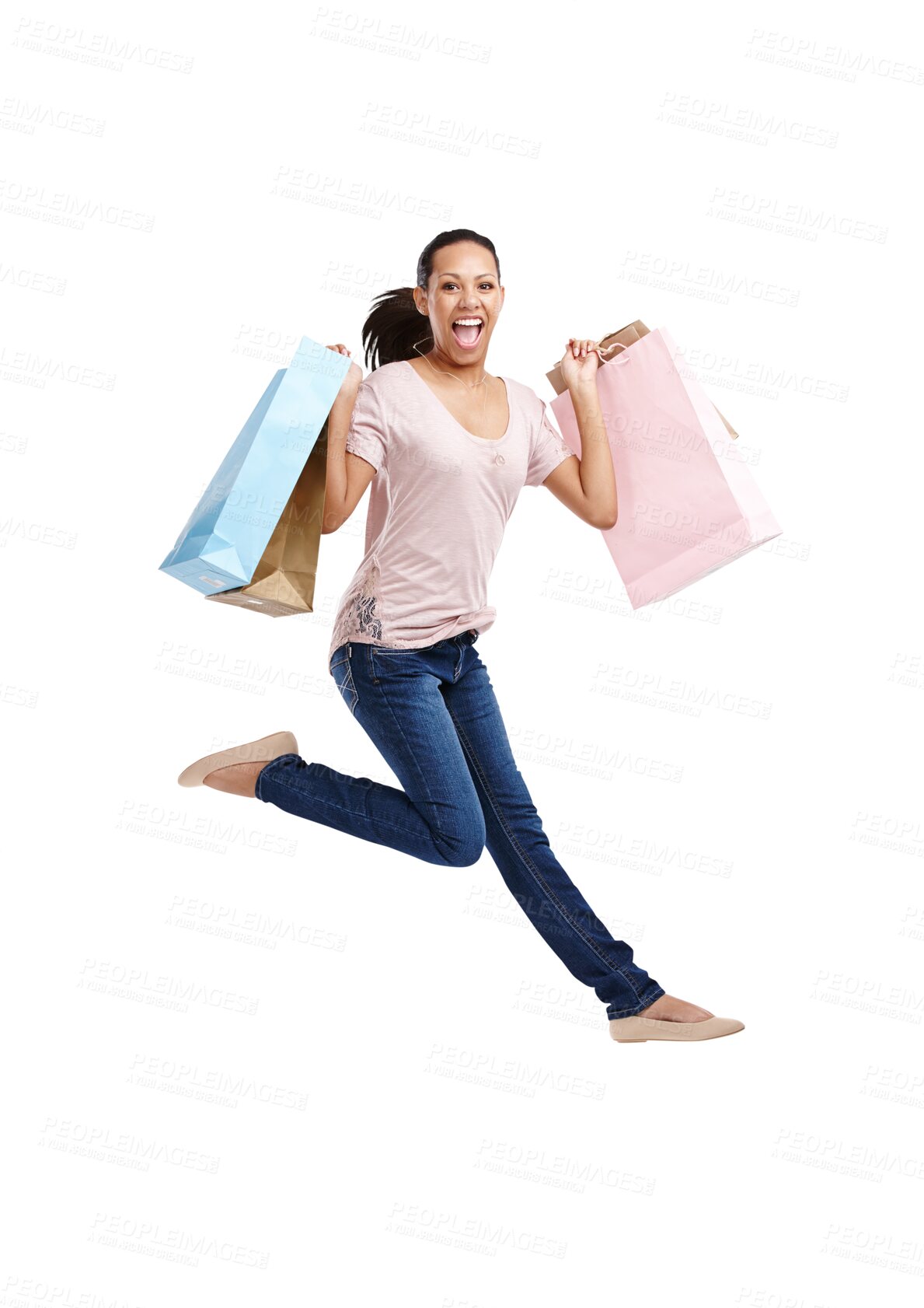 Buy stock photo Portrait, jump or happy woman with shopping bags or fashion isolated on transparent png background. Jumping celebration, sales deals or excited girl customer with designer clothes or luxury products