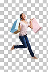 Portrait, shopping bags and woman jump for joy and fashion on an isolated and transparent png background. Discount celebration, sales deal and happy, excited customer jumping after buying at mall