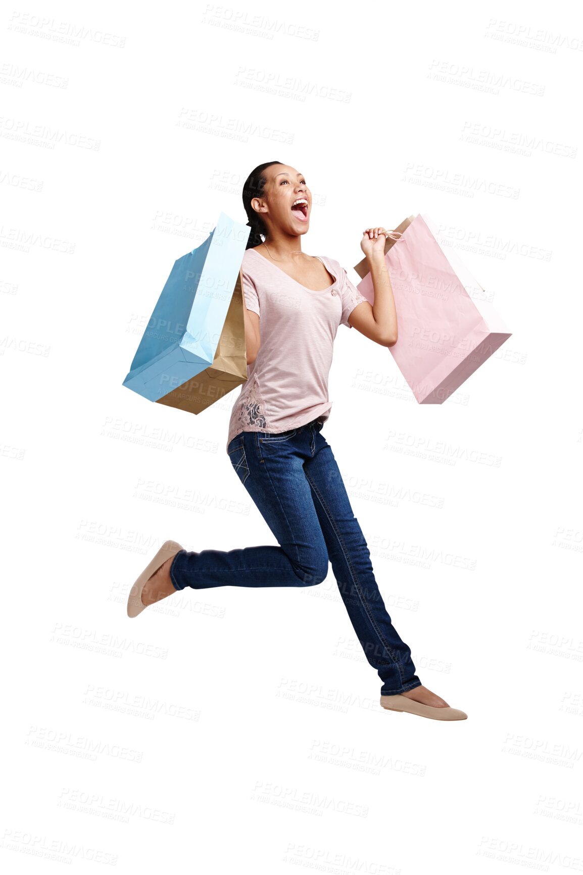 Buy stock photo Portrait, jump or excited woman with shopping bags or fashion isolated on transparent png background. Jumping celebration, sales deals or happy girl customer with designer clothes or luxury products