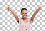 Portrait, thumbs up and motivation with a woman on an isolated and transparent png background. Emoji, hands and support with a young female winner giving like for review or feedback