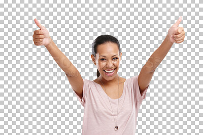 Buy stock photo Portrait, thumbs up and motivation from a happy woman for success isolated on transparent png background. Yes, hands and support with a young female winner giving a like for review or feedback