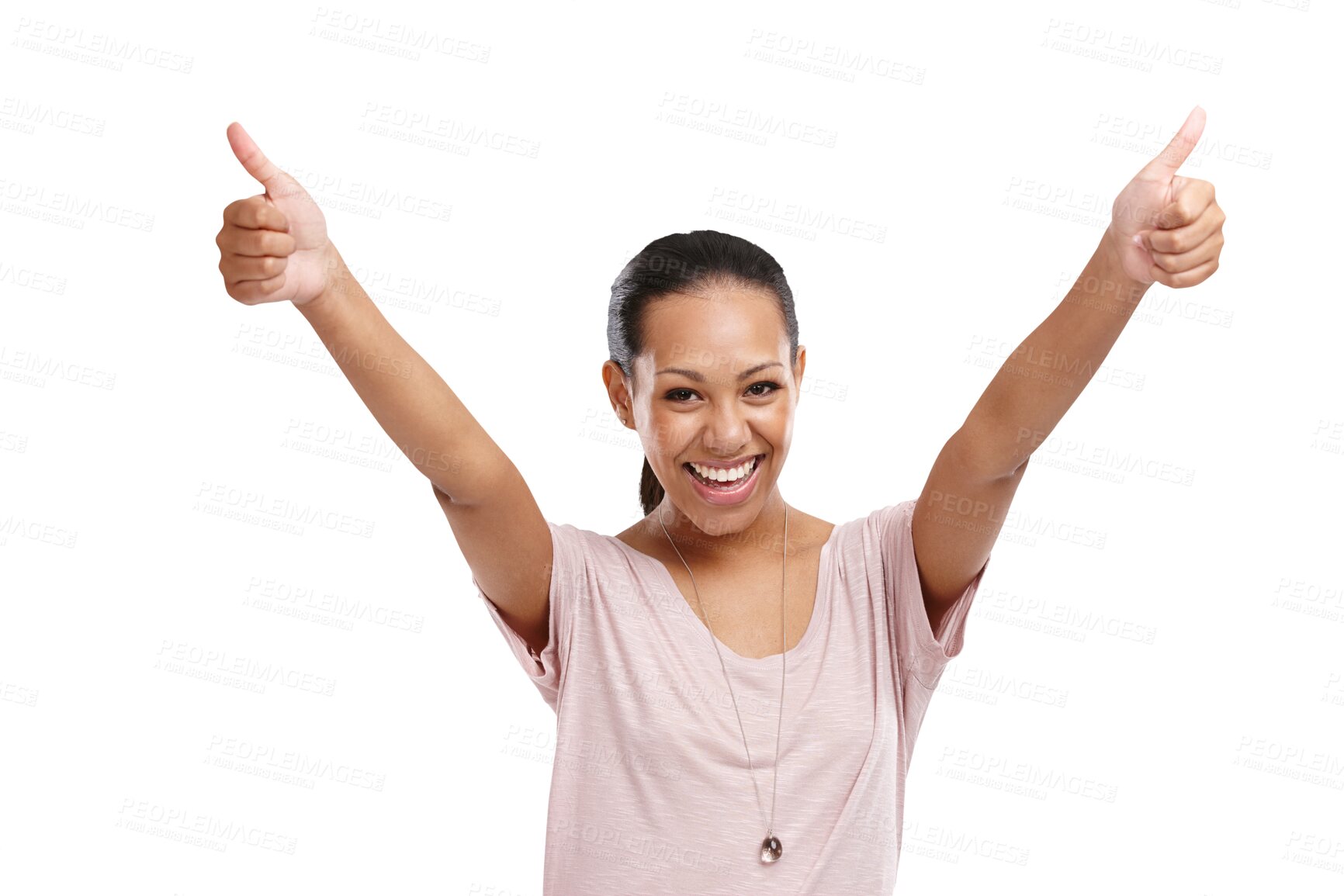 Buy stock photo Portrait, thumbs up and motivation from a happy woman for success isolated on transparent png background. Yes, hands and support with a young female winner giving a like for review or feedback