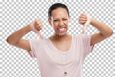 Buy stock photo Anger, thumbs down and fail with portrait of woman on transparent background for disappointed, vote and wrong. Opinion, decision and frustrated with person isolated on png for sign, mad and review