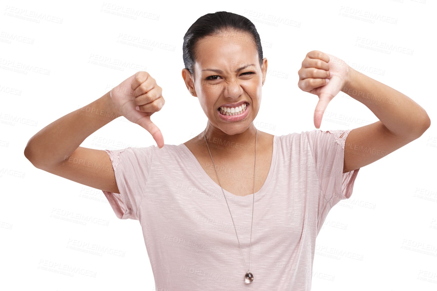 Buy stock photo Anger, thumbs down and fail with portrait of woman on transparent background for disappointed, vote and wrong. Opinion, decision and frustrated with person isolated on png for sign, mad and review