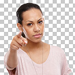 Angry, discipline and portrait of a woman on an isolated and transparent png background scolding or fighting with anger. Upset, serious and strict female model pointing her finger in a argument