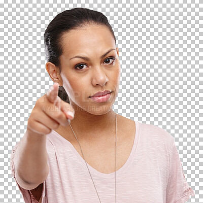 Angry, discipline and portrait of a woman on an isolated and transparent png background scolding or fighting with anger. Upset, serious and strict female model pointing her finger in a argument