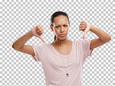 Buy stock photo Portrait, thumbs down and woman angry, stress and bar review isolated against transparent background. Face, female person or model with anger, png or lady with a complaint, reject or emoji expression