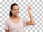 Woman, portrait and pointing finger up in studio for advertising mockup, marketing promo or sales product suggestion. Happy smile and point hands on an isolated and transparent png background