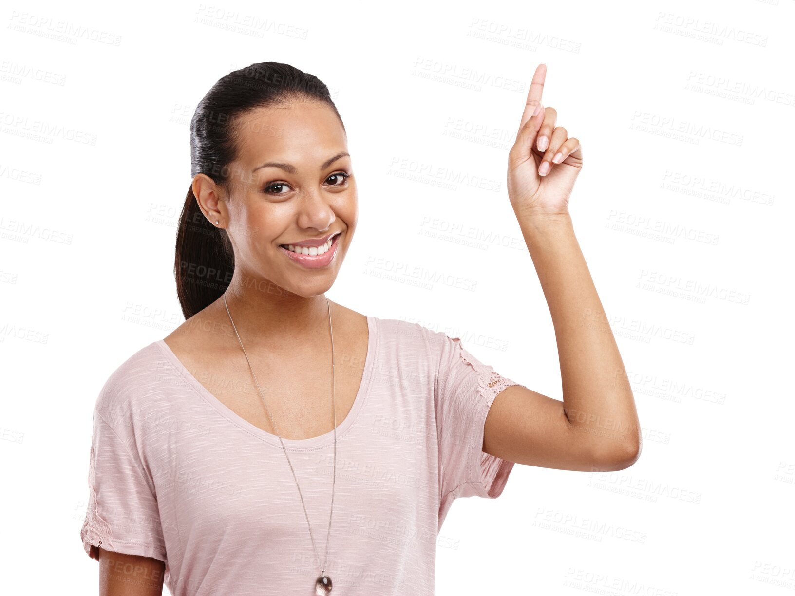 Buy stock photo Portrait, happy woman pointing up and on png or transparent background. Mockup, commercial or advertisement female with hand gesture advertising business promotion or sale in an isolated space