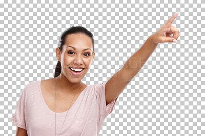 Buy stock photo Pointing, information and portrait of a woman excited isolated on a transparent background. Hand, presentation and review with an attractive young female showing a brand, product or logo on PNG