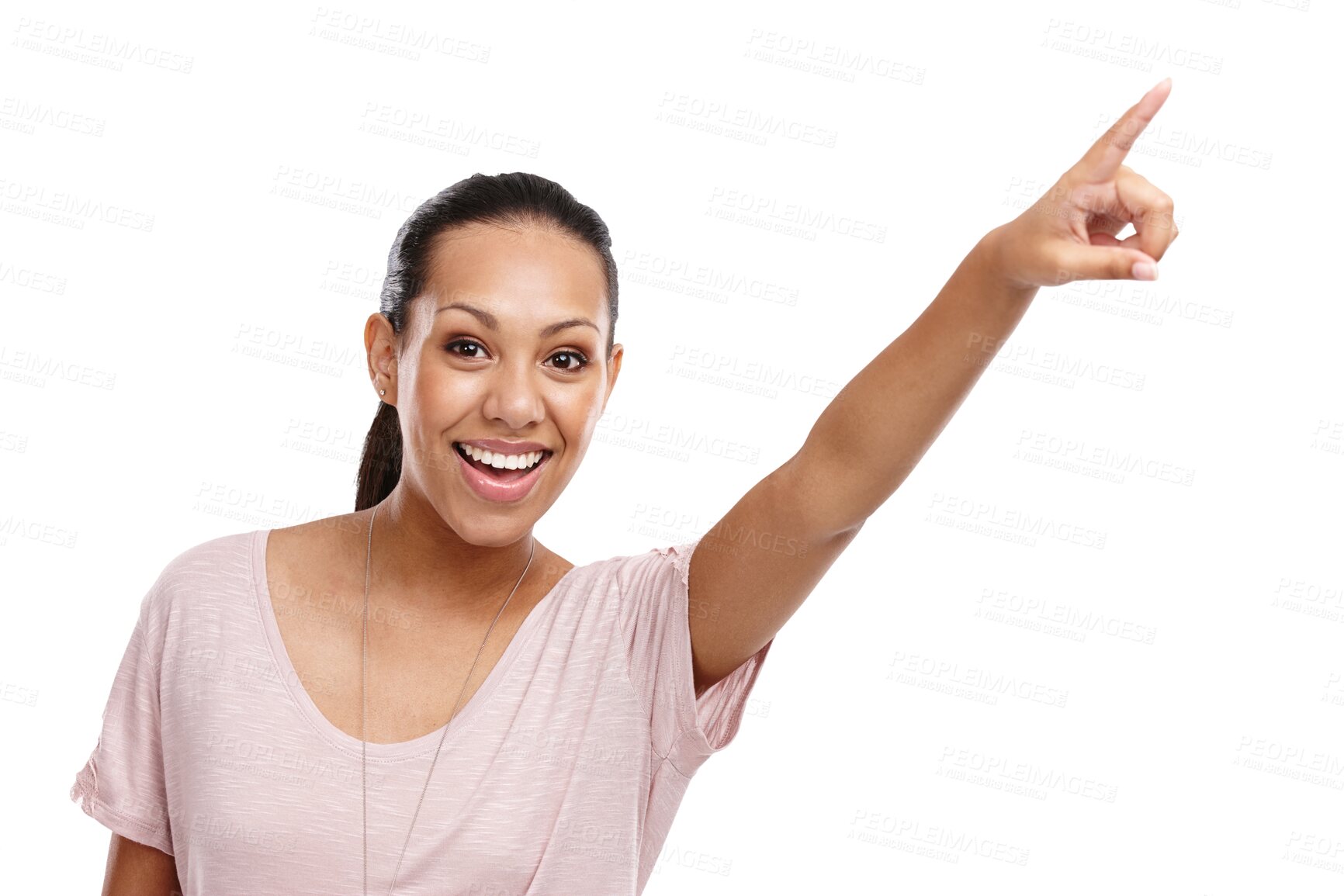 Buy stock photo Pointing, information and portrait of a woman excited isolated on a transparent background. Hand, presentation and review with an attractive young female showing a brand, product or logo on PNG