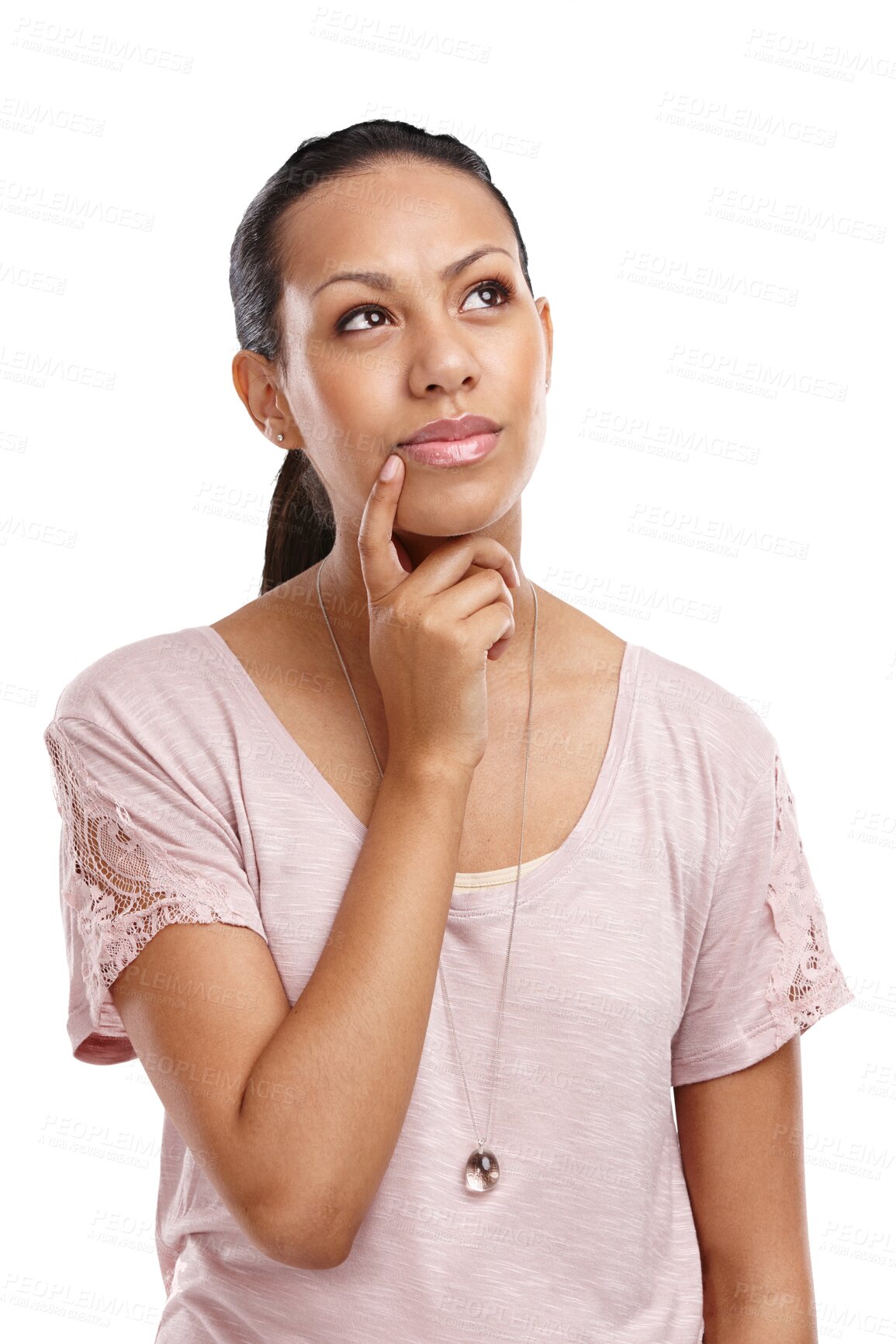 Buy stock photo Woman, face and thinking with inspiration for idea, mindset or wondering isolated on a transparent png background. Thoughtful female with facial expression in thought, dream or wonder for solution