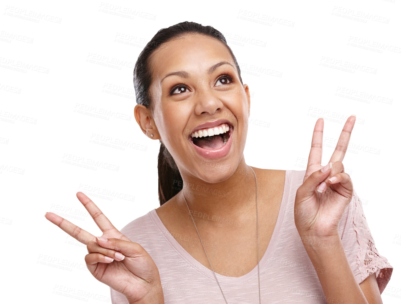 Buy stock photo Peace sign, thinking or happy woman with smile isolated on transparent png background with positive mindset. V, dreaming or face of an excited Brazilian girl model with hand gesture for optimism