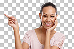 Woman, portrait and pointing finger in studio for advertising mockup, marketing promo or sales product suggestion. Happy smile and point hands on an isolated and transparent png background