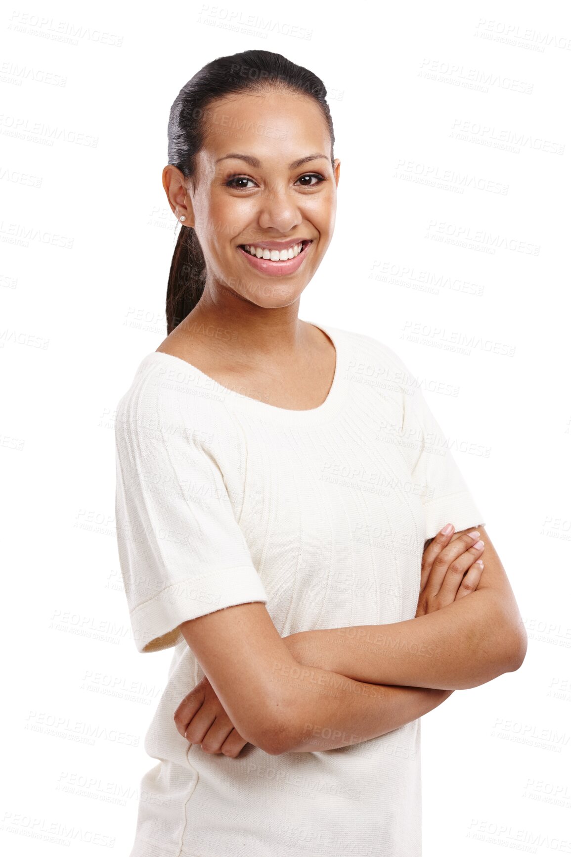 Buy stock photo Portrait, happy and beauty of woman with arms crossed isolated on a transparent png background. Fashion, face and smile of female person from Brazil with positive mindset, stylish and confident