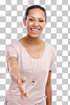 Handshake, happy and portrait of a woman with greeting, welcome or agreement. Friendly, happiness and female model with a shaking hands gesture for deal on an isolated and transparent png background