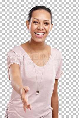 Buy stock photo Handshake, offer and woman portrait isolated on transparent, png background for welcome or hr interview. Human Resources person shaking hands in pov greeting, congratulations or happy introduction