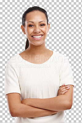 Buy stock photo Portrait, smile and confidence of woman with arms crossed isolated on transparent png background. Fashion, face and happiness of female person from Brazil with positive mindset and confident.