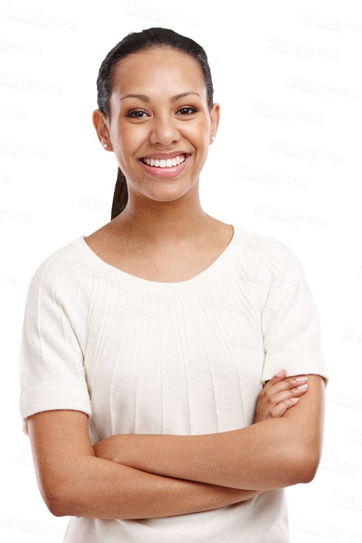 Buy stock photo Portrait, smile and confidence of woman with arms crossed isolated on transparent png background. Fashion, face and happiness of female person from Brazil with positive mindset and confident.